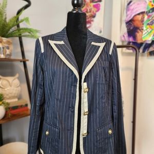 Navy Pinstripe Blazer with Gold Accents